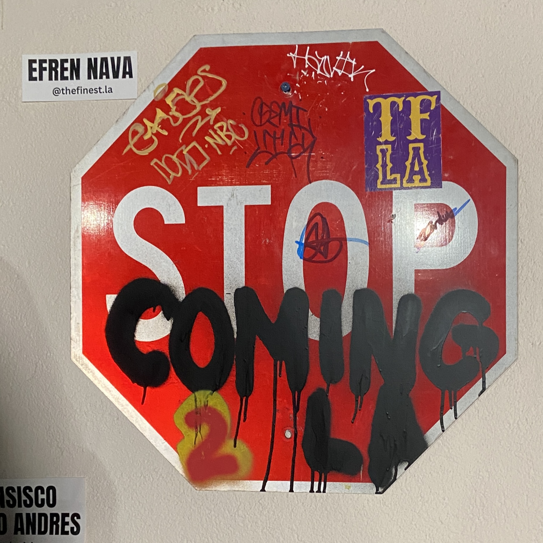 A stop sign that's been painted over to say 'Stop Coming 2 L.A.'