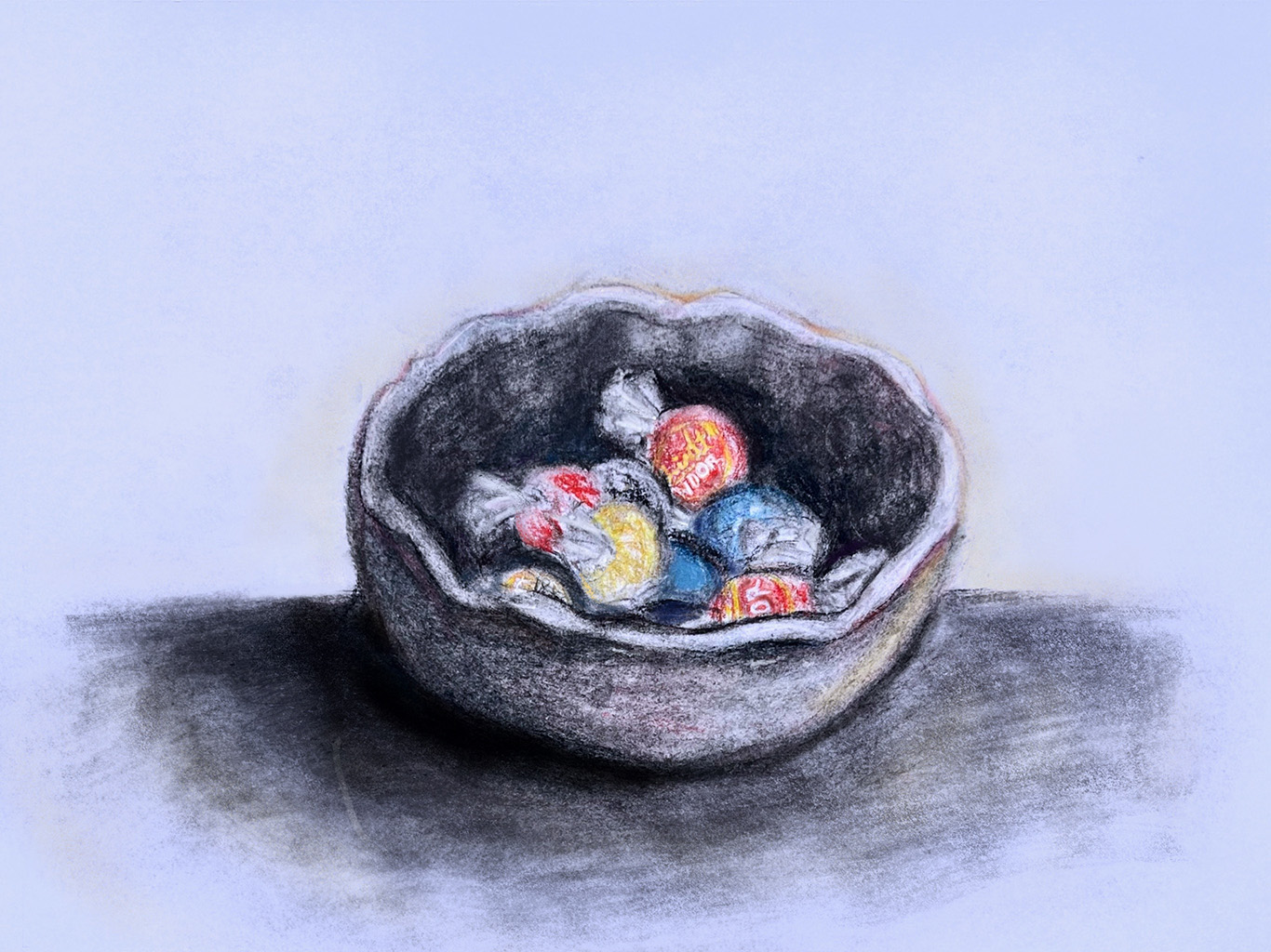 pencil drawing of a bowl of chocolates