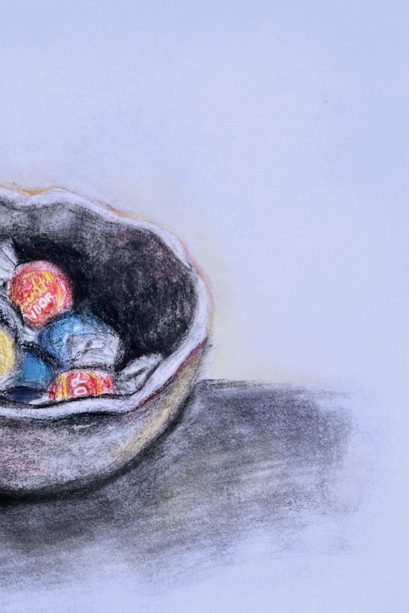 pencil drawing of a bowl of chocolates
